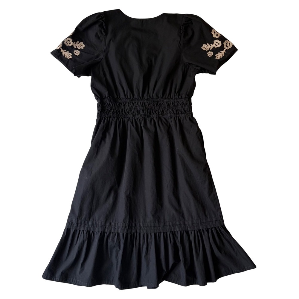 FRENCH CONNECTION Embroidered Midi Dress Size L Puff Sleeve Smocked Ruffle Black - Picture 5 of 15